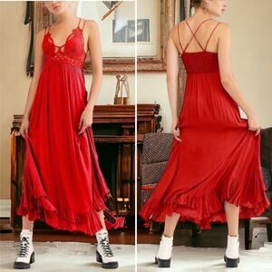 FREE PEOPLE NEW FLIRTY BOHO CROCHET LACE DETAILS ADELLA MAXI DRESS MEDIUM